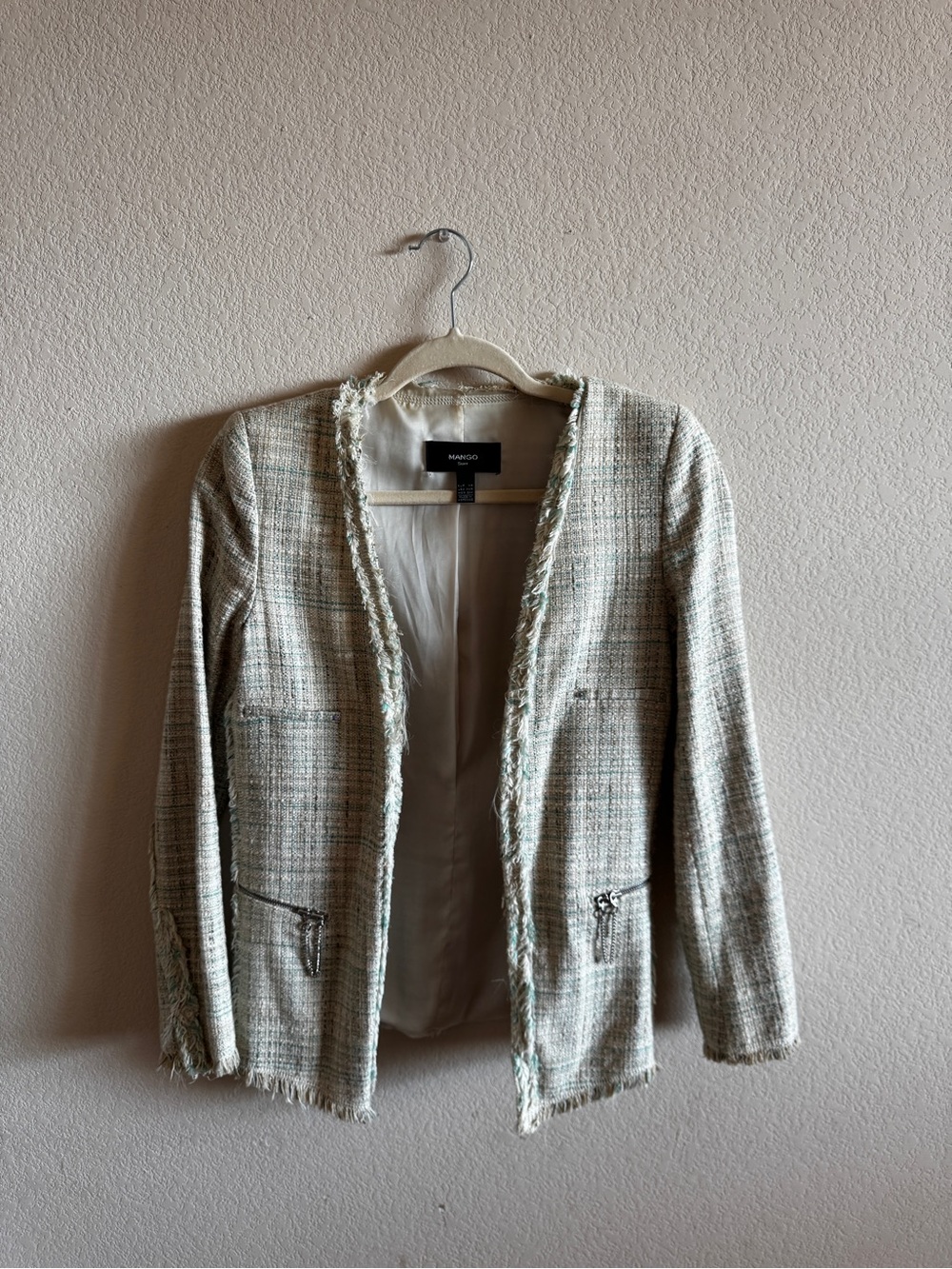 Mango Tweed Open-Front Blazer in Cream and Mint Green